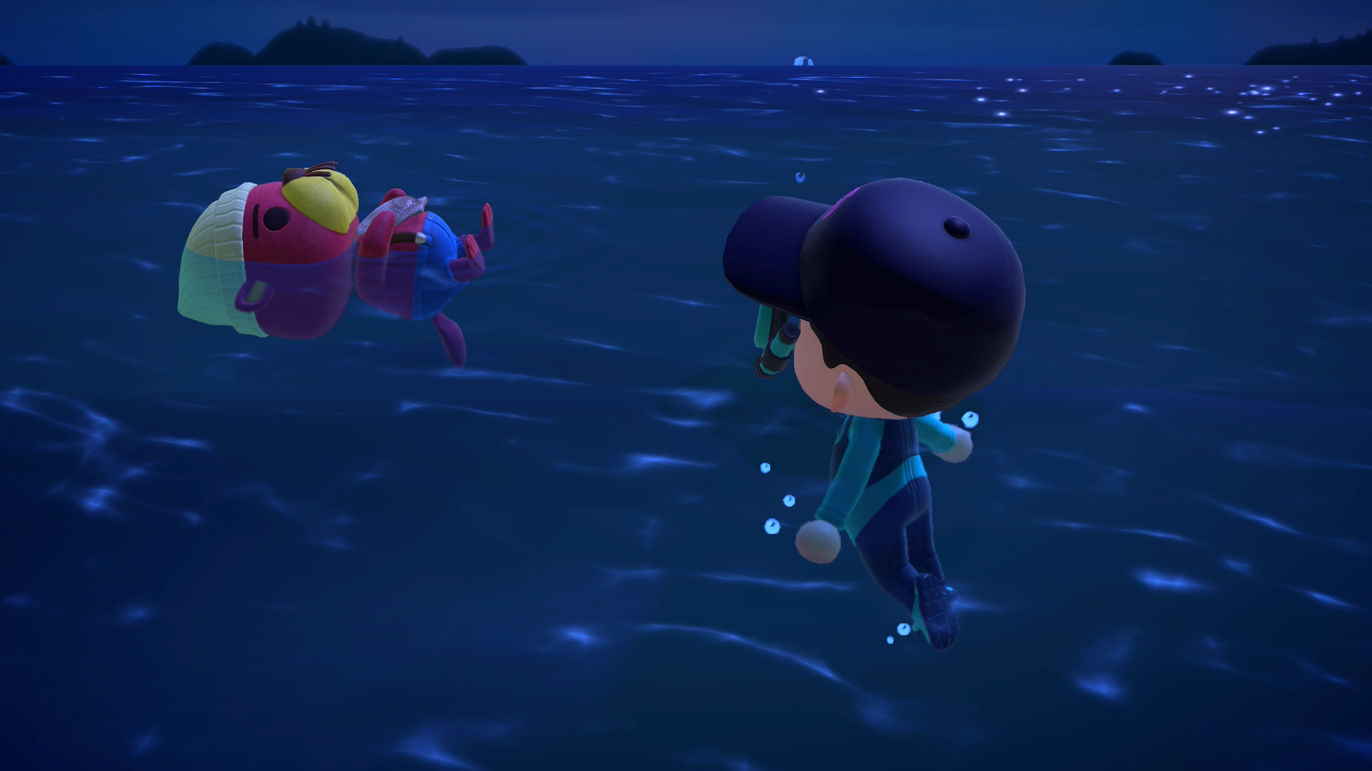 Animal Crossing New Horizons screenshot of Hamish swimming with an otter