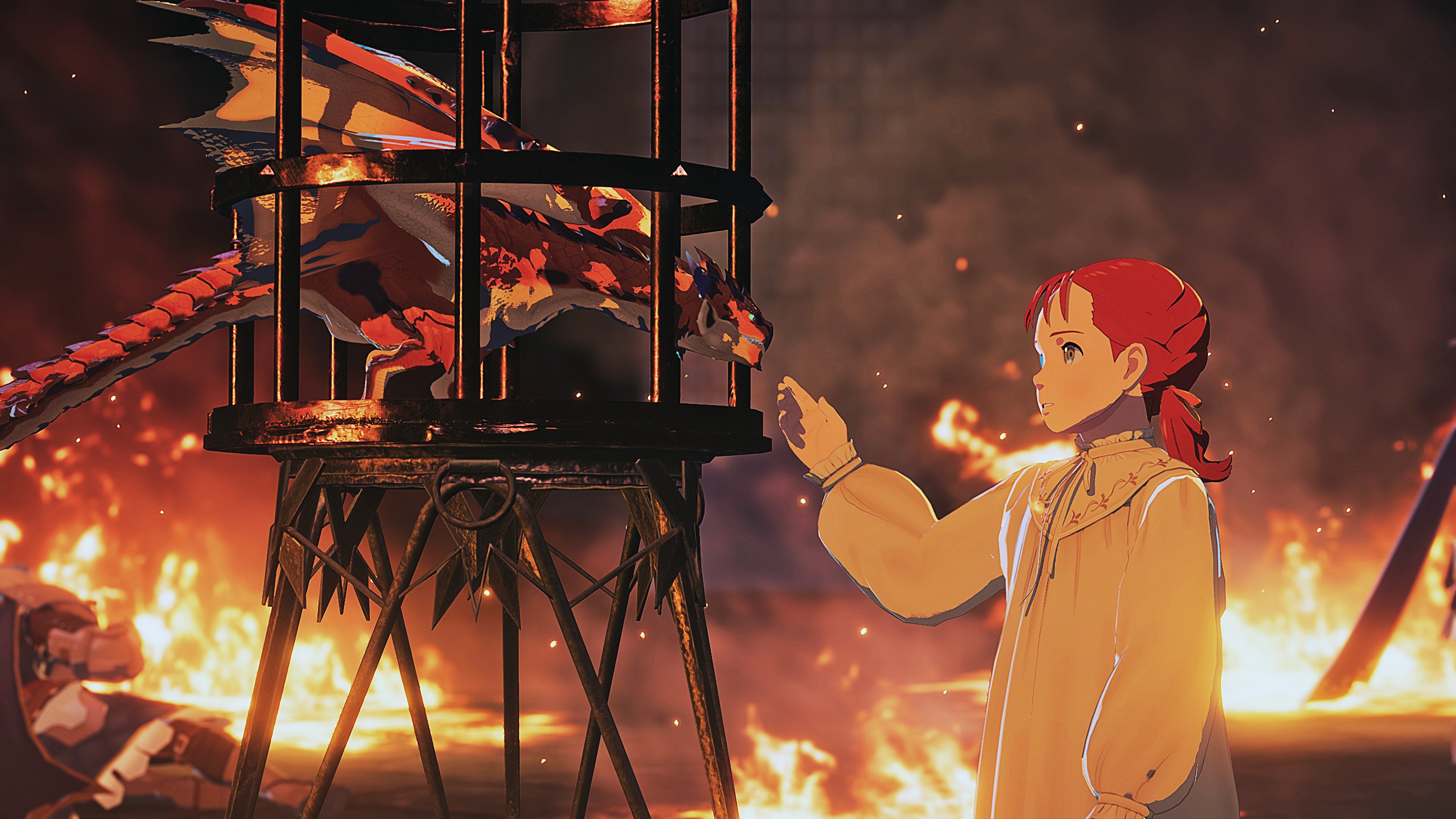 Edited screenshot of the player character meeting Ratha in Monster Hunter Stories 3: Twisted Reflection