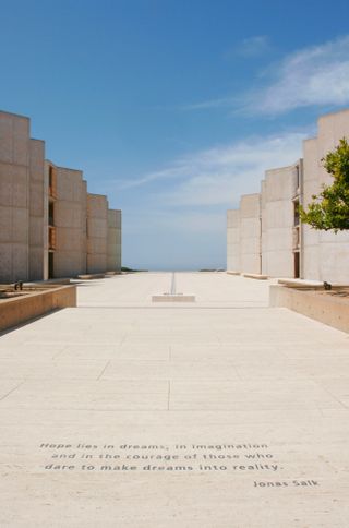 view of exterior of Louis Kahn's Salk Institute