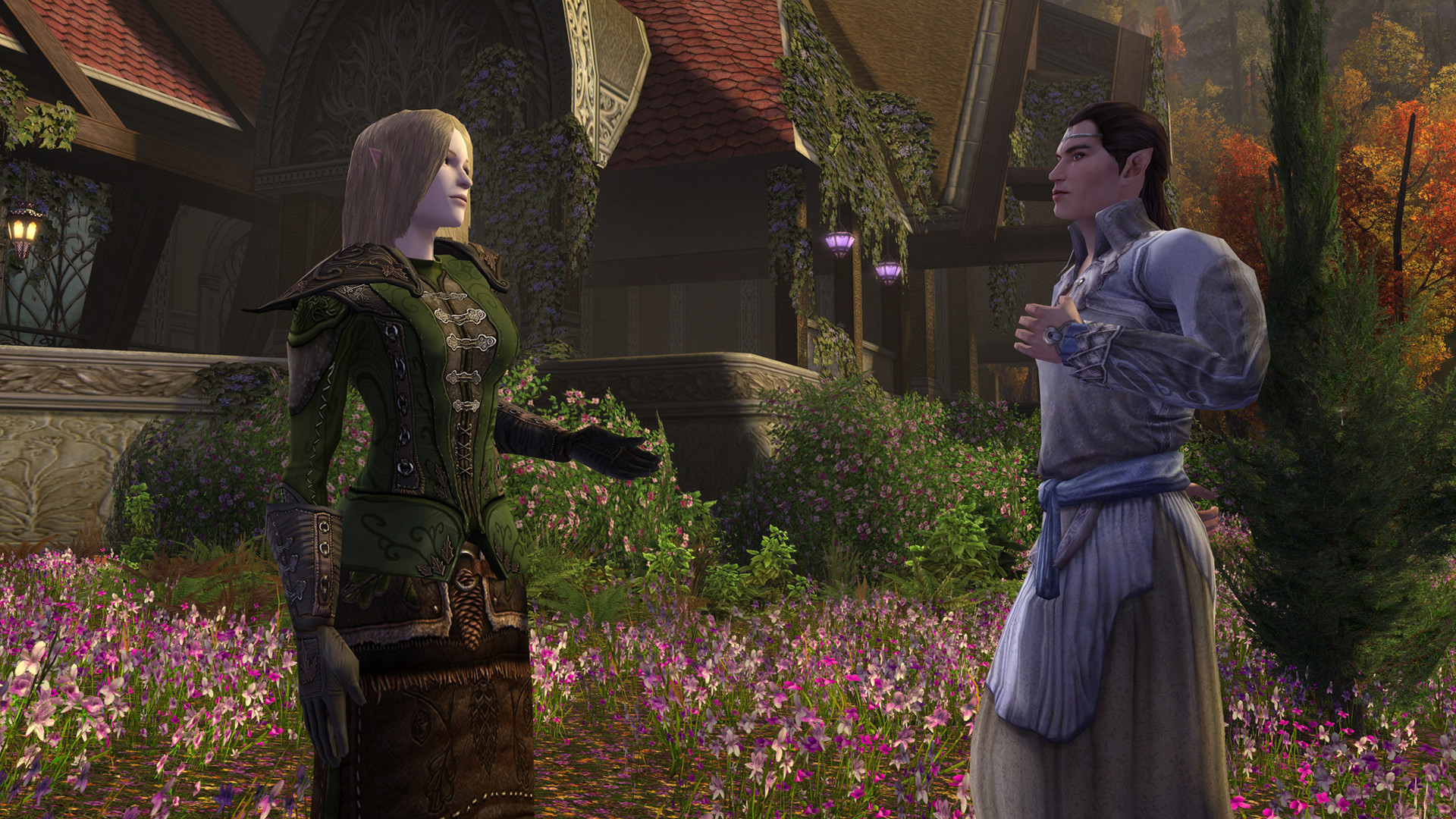 best MMO games: two elves from Lord of the Rings Online in conversation in a garden