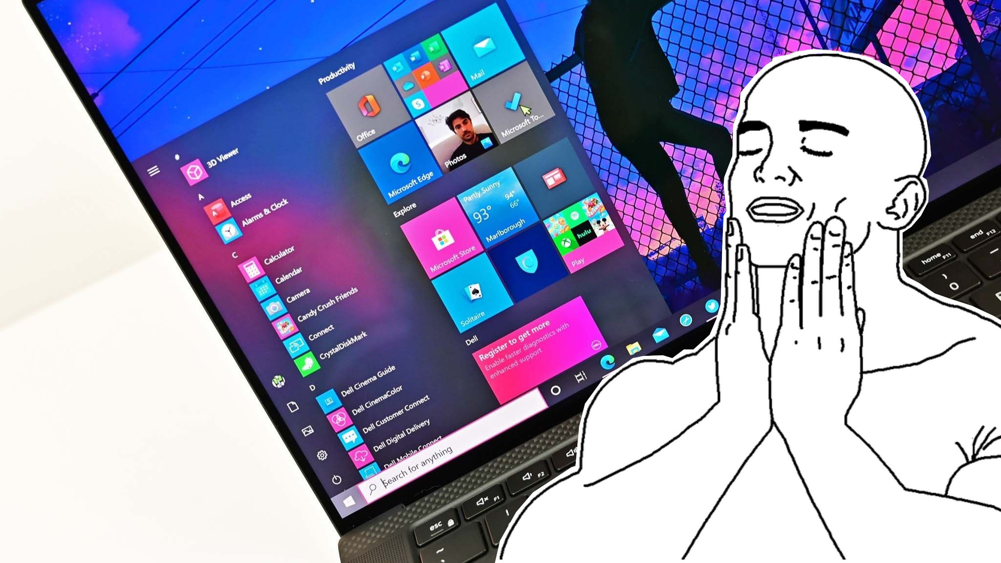 Laptop screen showing a colorful, organized desktop interface. Beside it, a minimalist drawing of a person with a satisfied expression and hands on cheeks.