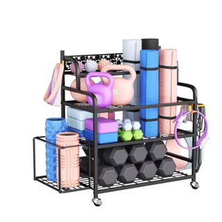 A gym storage shelf with colorful gym equipment