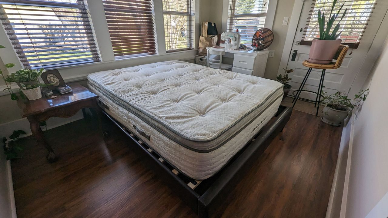 Avocado green mattress in review in Alex&#039;s bedroom on black metal bed frame