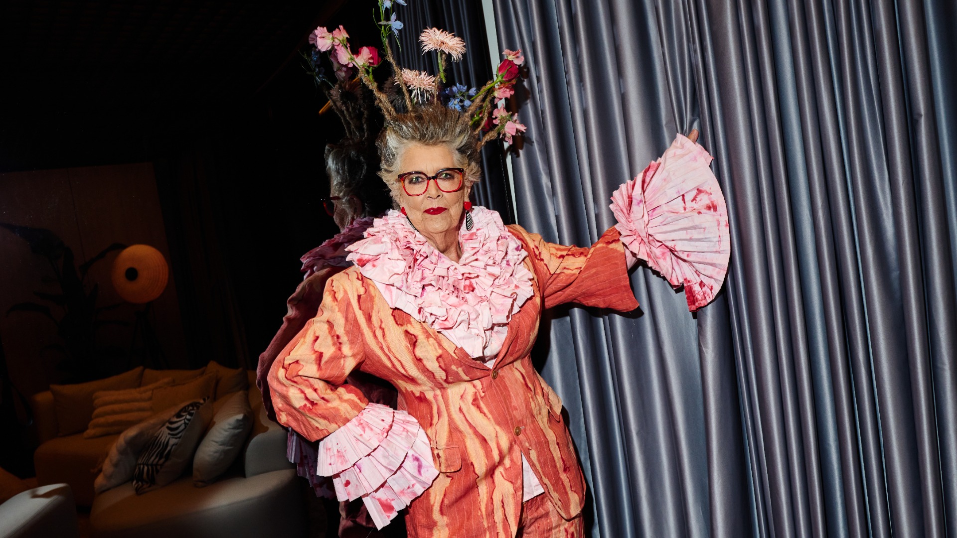 Prue Leith poses backstage ahead of the Vin + Omi show during London Fashion Week