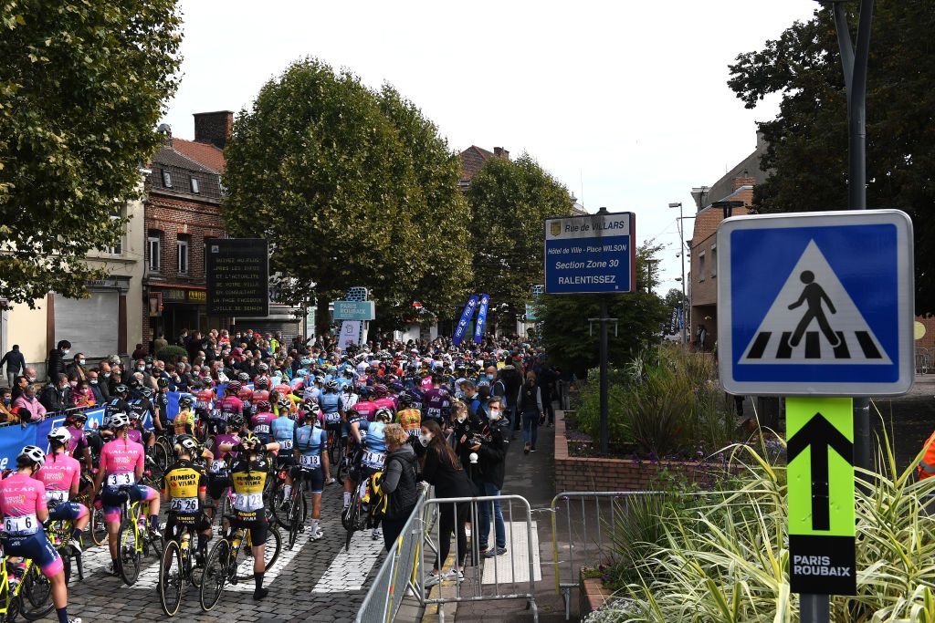 ROUBAIX FRANCE OCTOBER 02 A general view of the peloton prior to the 1st ParisRoubaix 2021 Womens Elite a 1164km race from Denain to Roubaix ParisRoubaixFemmes ParisRoubaix on October 02 2021 in Roubaix France Photo by Tim de WaeleGetty Images