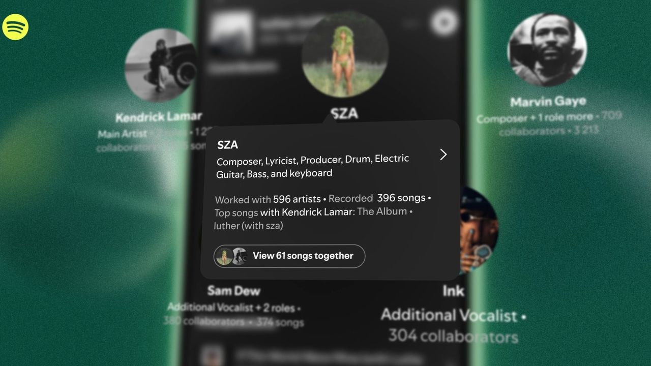 SongDNA displays a card of information about SZA's involvement with other artists on a track.