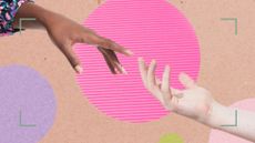 Hands reaching towards each other on pink background