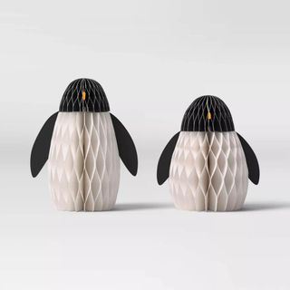 2pc Paper Honeycomb Penguin Christmas Figurine Set against a gray background.