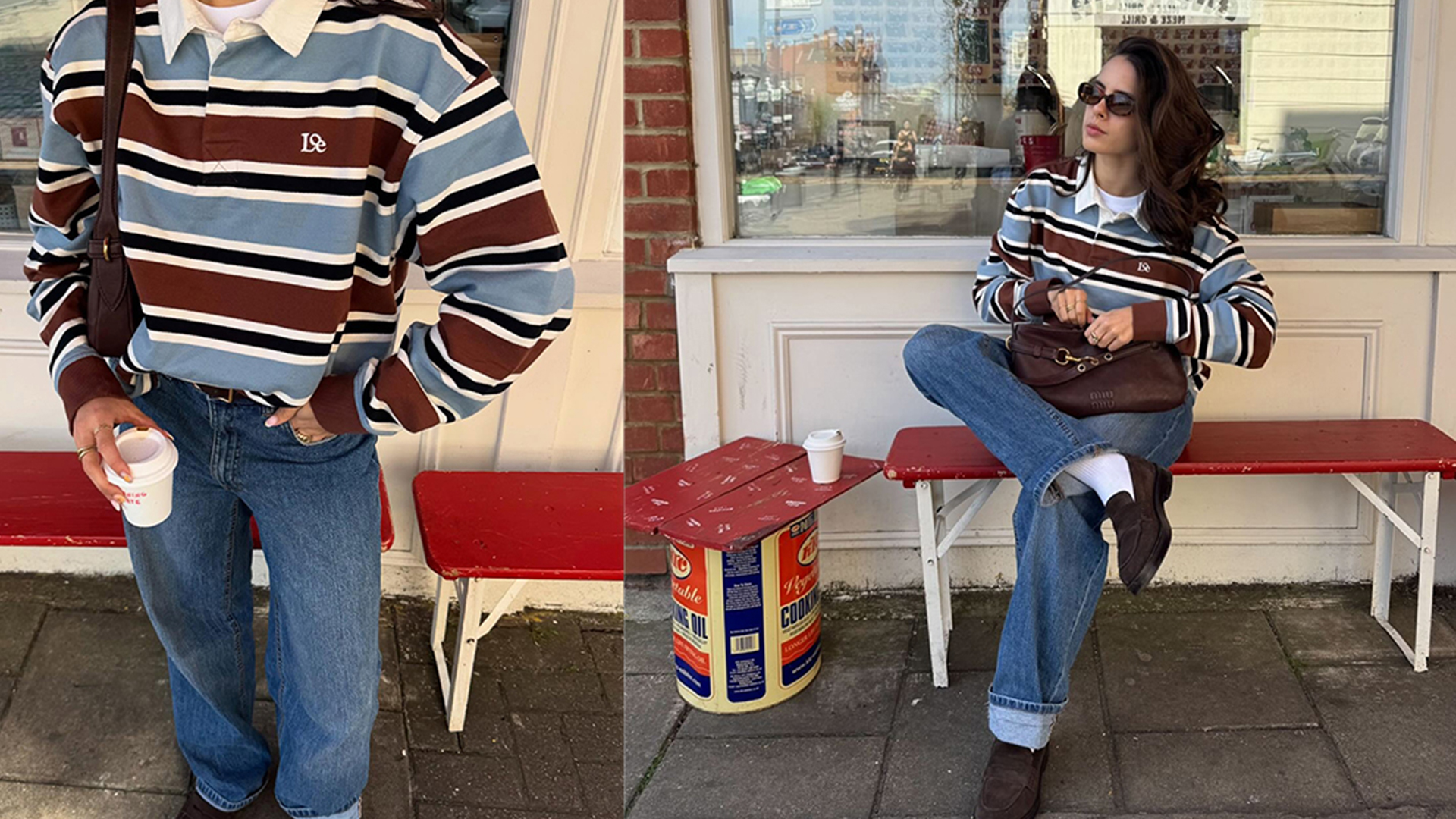 tia wears jeans and blue and burgundy striped rugby shirt
