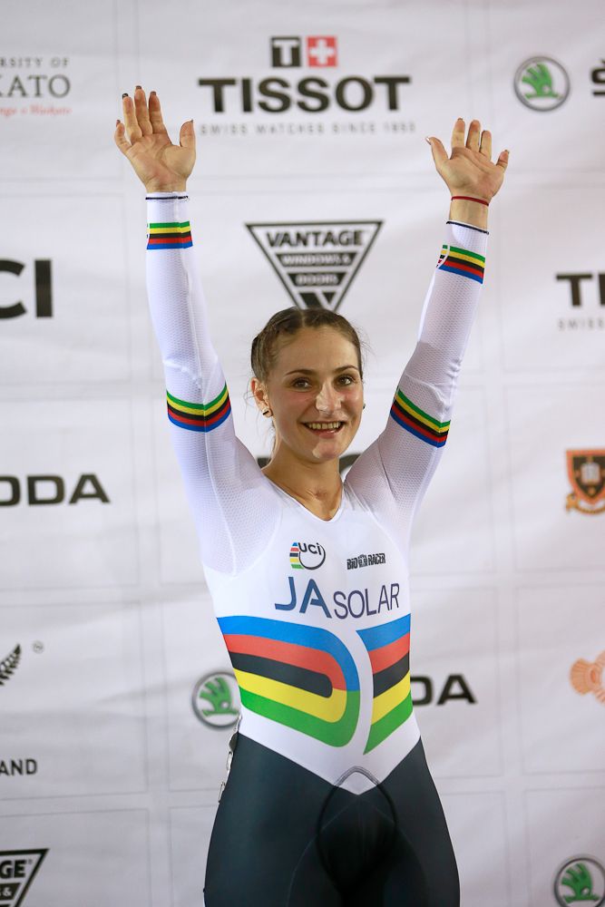 Kristina Vogel of Germany celebrates with her gold medal after winning the Womens Sprint Final against Stephanie Morton of Australia