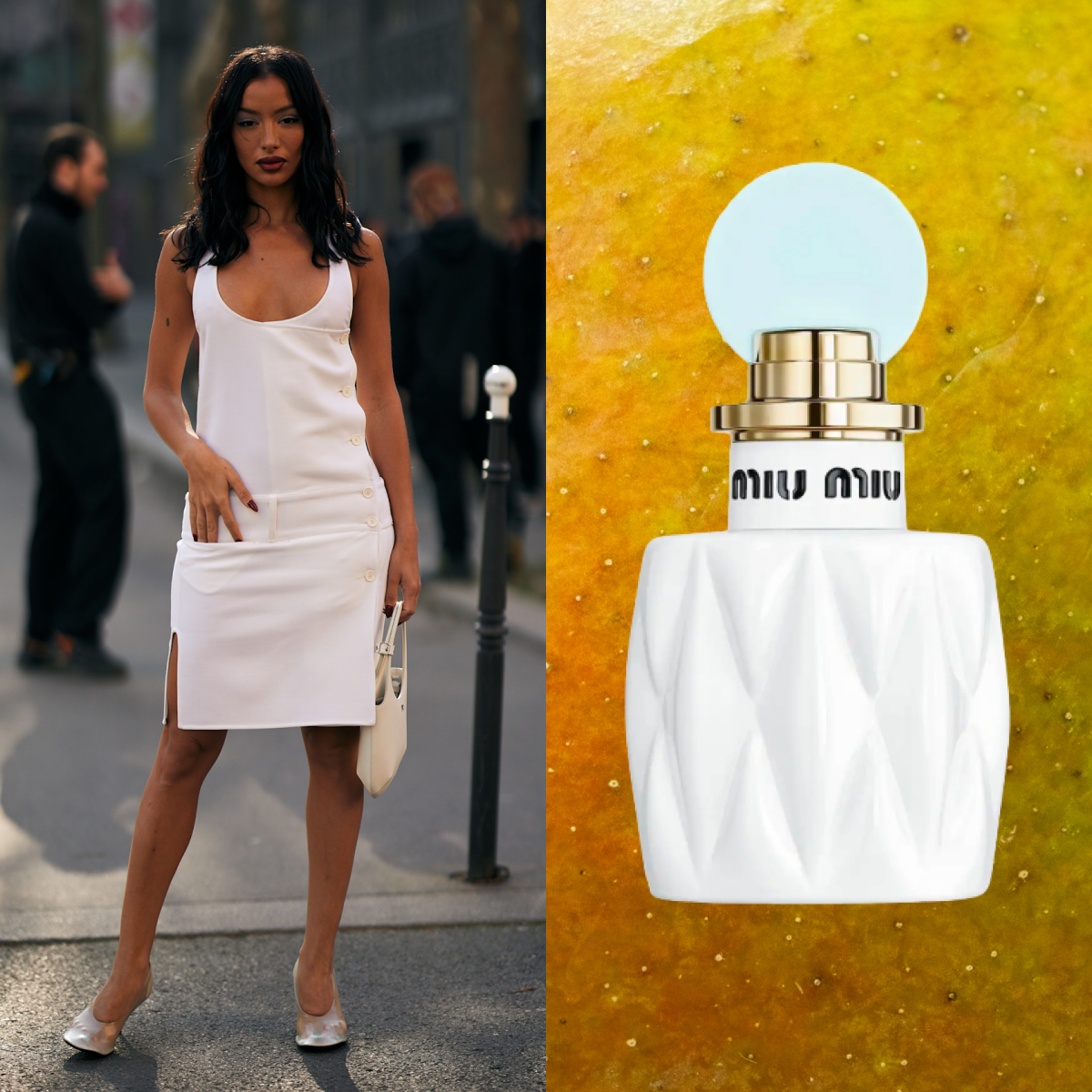 split image of fashion week attendee wearing white dress with miu miu fleur de lait perfume bottles overlaid on close-up texture of mango background