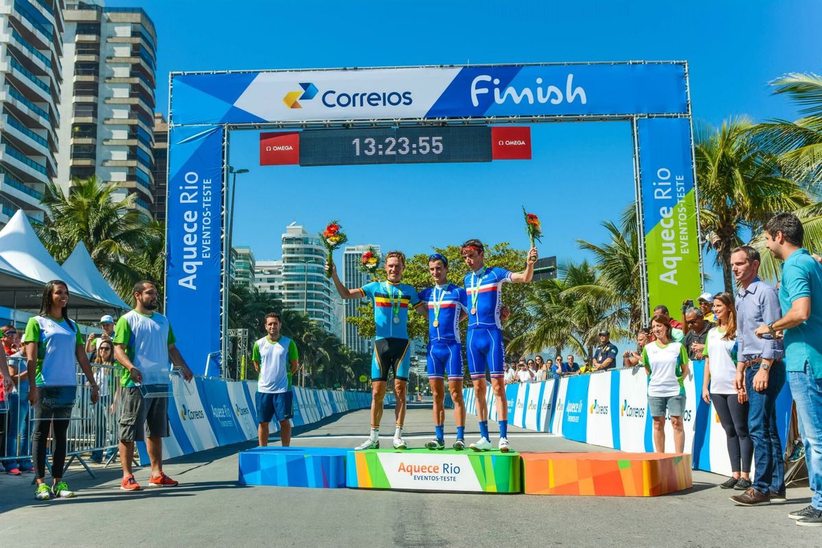 The Aquece Rio podium of Serge Pauwels (Belgium), Alexis Vuillermoz and Romain Bardet (France)