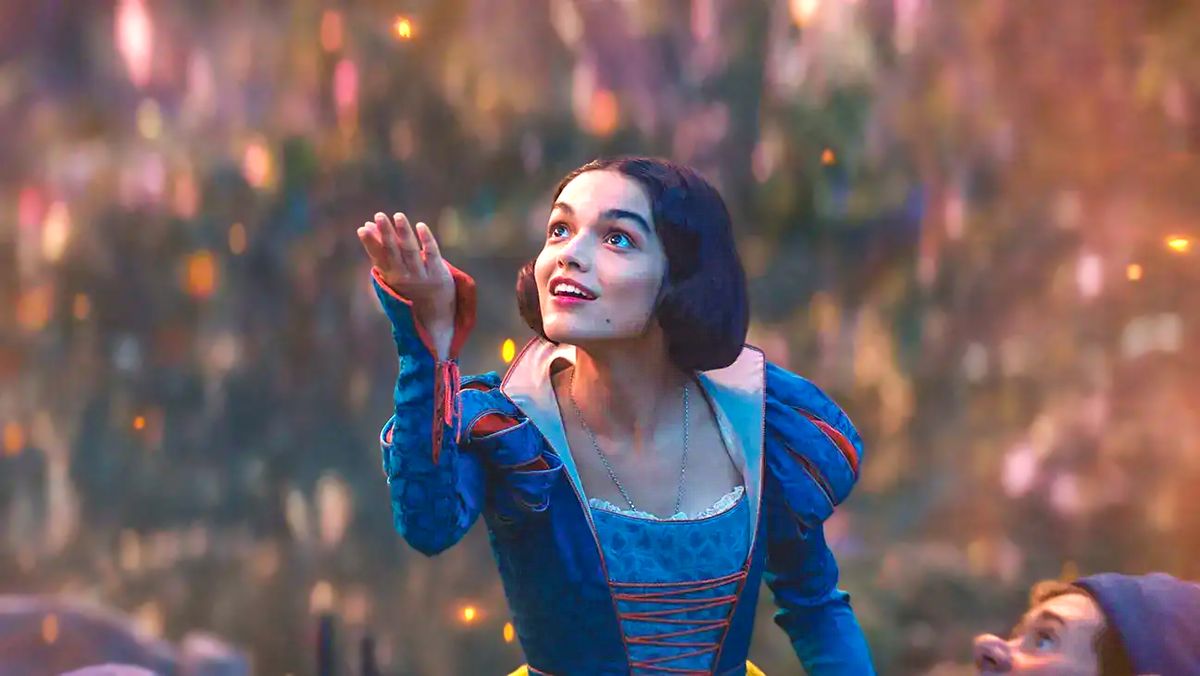 Snow White (Rachel Zegler) holding a bird in a scene from the live-action &quot;Snow White&quot; remake