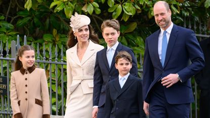 Princess Charlotte, Catherine, Princess of Wales, Prince George, Prince Louis and Prince William attend the 2026 Easter Matins Service at St George's Chapel on April 05, 2026