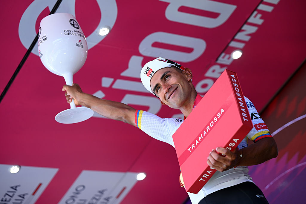 CHIAVARI, ITALY - MAY 20: Jhonatan Narvaez of Ecuador and UAE Team Emirates - XRG celebrates at podium as stage winner during the 109th Giro d&amp;amp;apos;Italia 2026, Stage 11 a 195km stage from Porcari to Chiavari / #UCIWT / on May 20, 2026 in Chiavari, Italy. (Photo by Dario Belingheri/Getty Image)