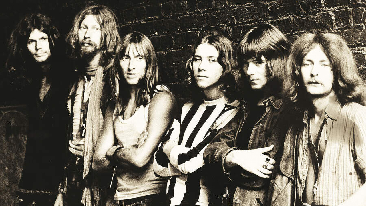 Hawkwind: Thomas Crimble, Nik Turner, Dave Brock, Terry Ollis, Huw Lloyd- Langton and DikMik.