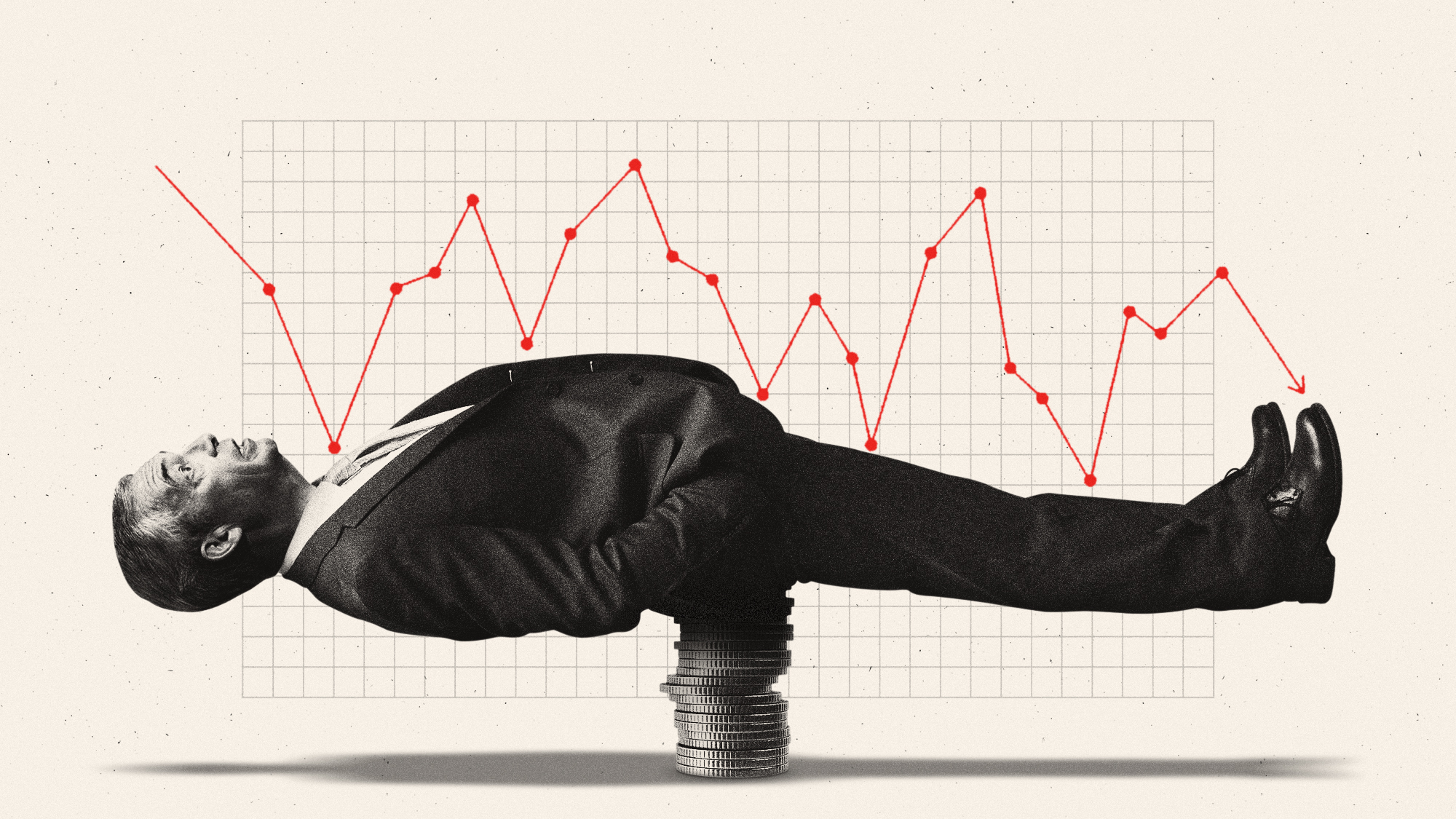 Illustration of Nigel Farage balancing on a stack of coins in front of an economics chart
