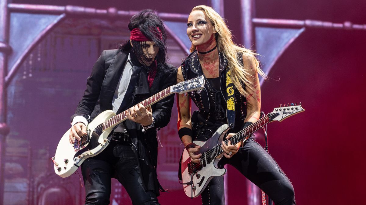 Tommy Henriksen and Nita Strauss of Alice Cooper performs in a concert on June 08, 2024 in Solvesborg, Sweden.