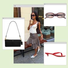 a woman wearing a white tank top, gray skirt, and white slingback shoes
