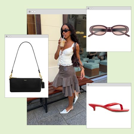 a woman wearing a white tank top, gray skirt, and white slingback shoes