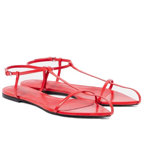 Vorisvina Red Flat Sandals for Women Adjustable Metallic Buckle Ankle Strap Slide Sandals Comfortable Pointed Open Toe Slip on Sandal