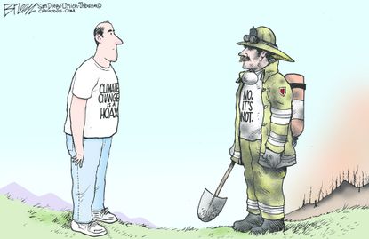 Political cartoon U.S. Climate change hoax California wildfires