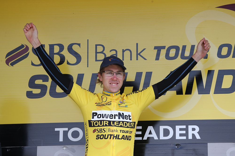 Brad Evans of Dunedin claims the yellow jersey after stage three of the Tour of Southland
