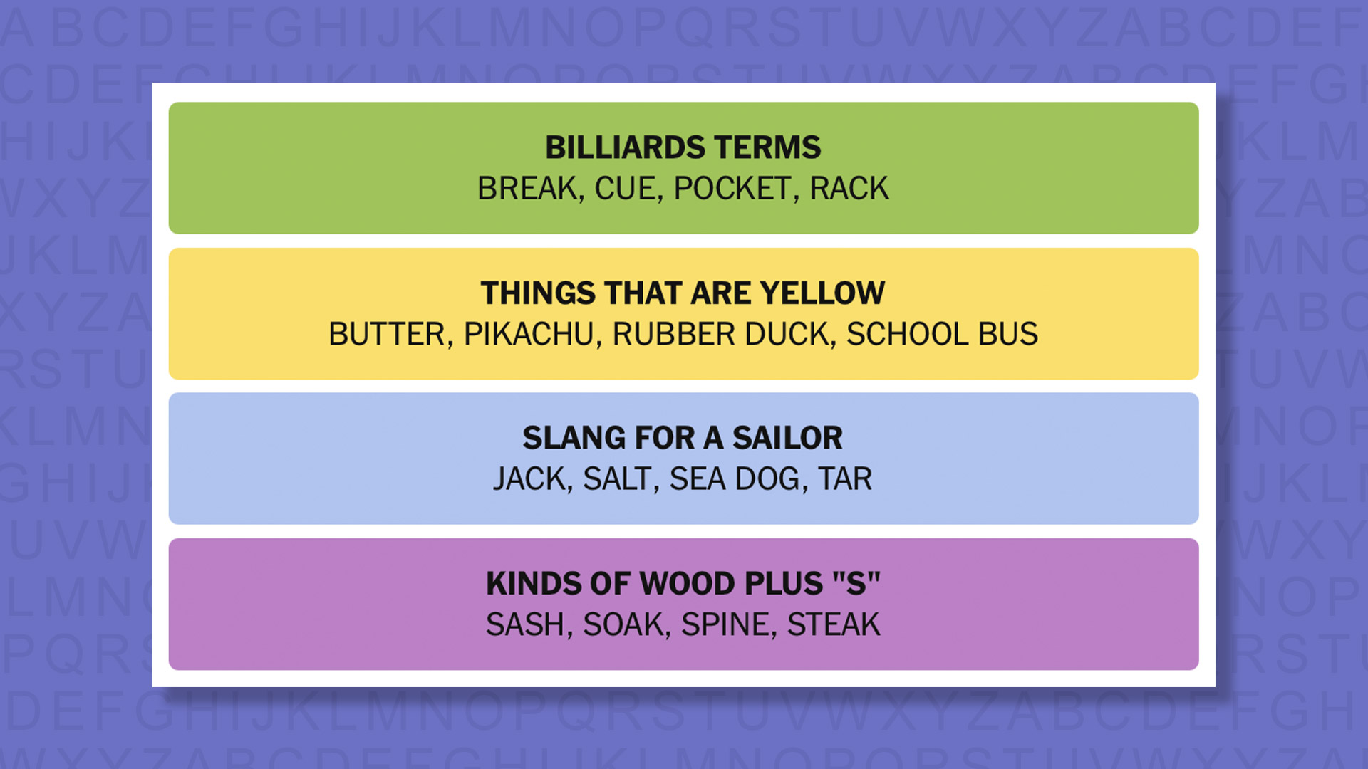 NYT Connections answers for game 1085 on a purple background
