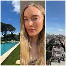 three images on a collage for solar scents featuring a pool with trees on the left, a woman with blonde, wavy hair in the middle, and a city skyline on the right