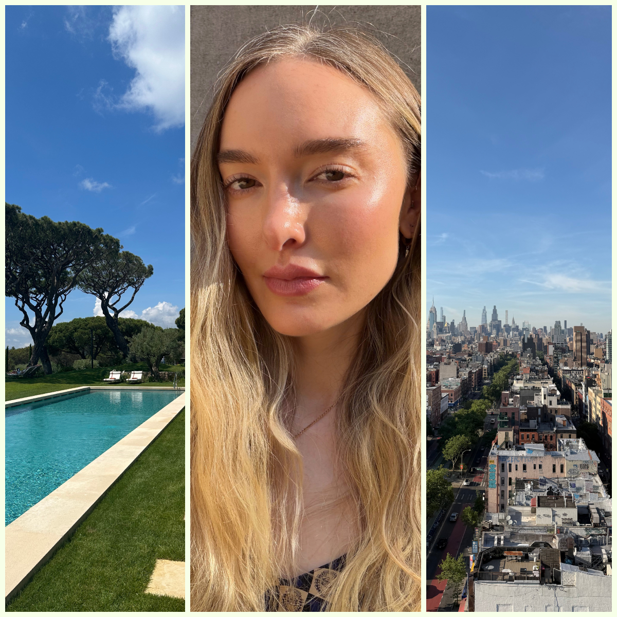 three images on a collage for solar scents featuring a pool with trees on the left, a woman with blonde, wavy hair in the middle, and a city skyline on the right