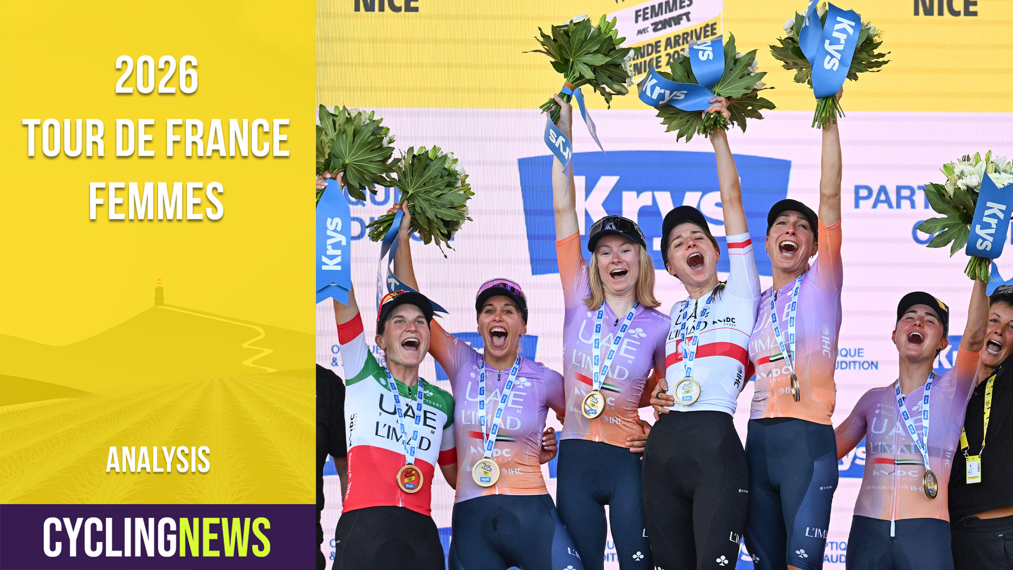 NICE, FRANCE - AUGUST 09: Dominika Wlodarczyk of Poland, Paula Blasi Cairol of Spain, Margarita Garcia of Spain, Elisa Longo Borghini of Italy, Silvia Persico of Italy, Maeva Squiban of France and UAE Team L'IMAD celebrate at podium as final best team prize winners during the 5th Tour de France Femmes 2026, Stage 9 a 99.2km stage from Nice to Nice / #UCIWWT / on August 09, 2026 in Nice, France. (Photo by Tim de Waele/Getty Images)