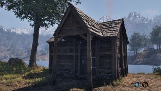 A shack next to a tree by the water