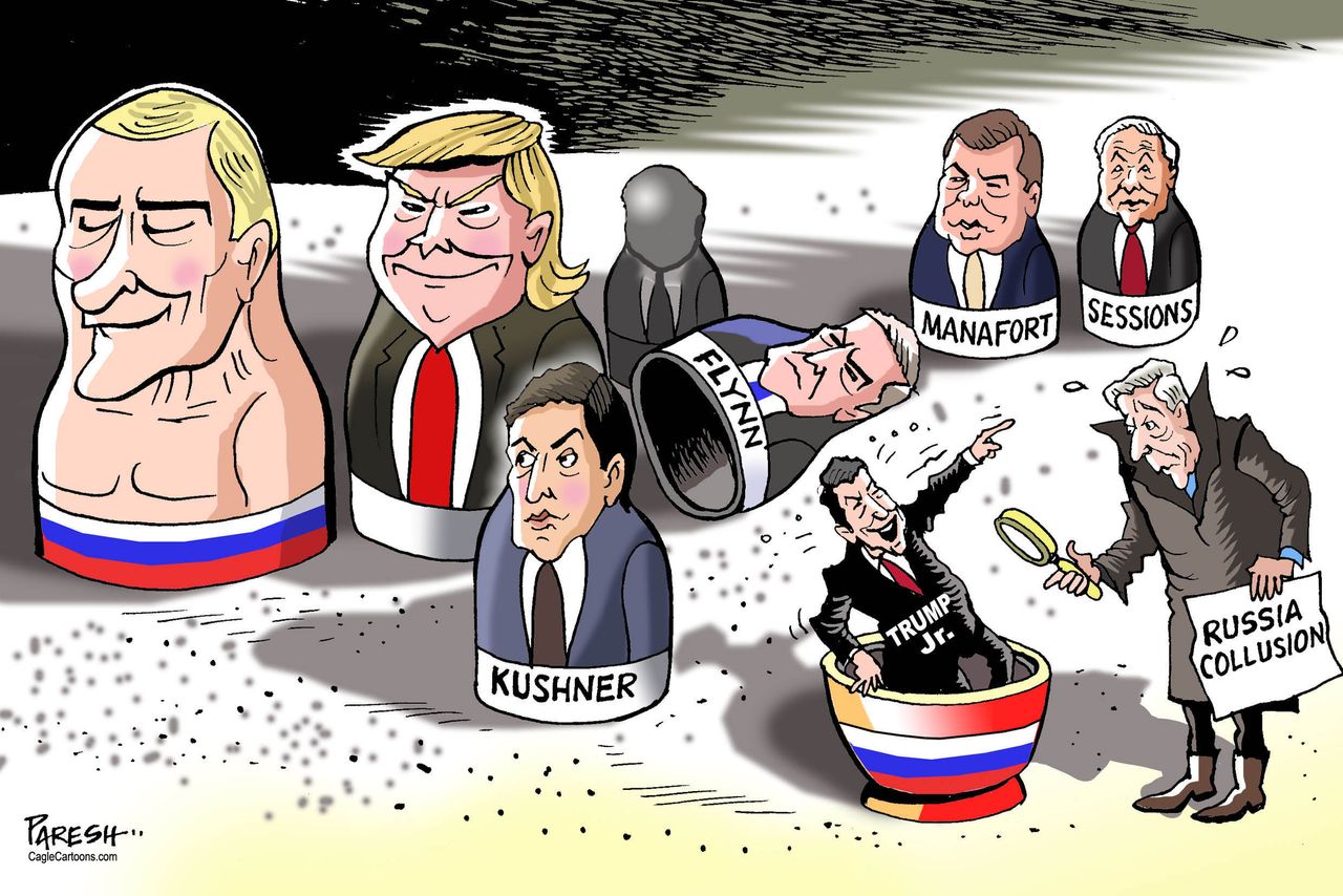 Political cartoon U.S. Trump Jr. Russian collusion babushka dolls Sessions Manafort