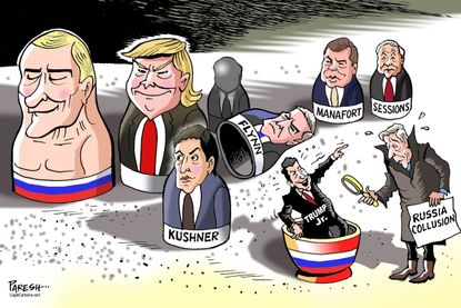 Political cartoon U.S. Trump Jr. Russian collusion babushka dolls Sessions Manafort