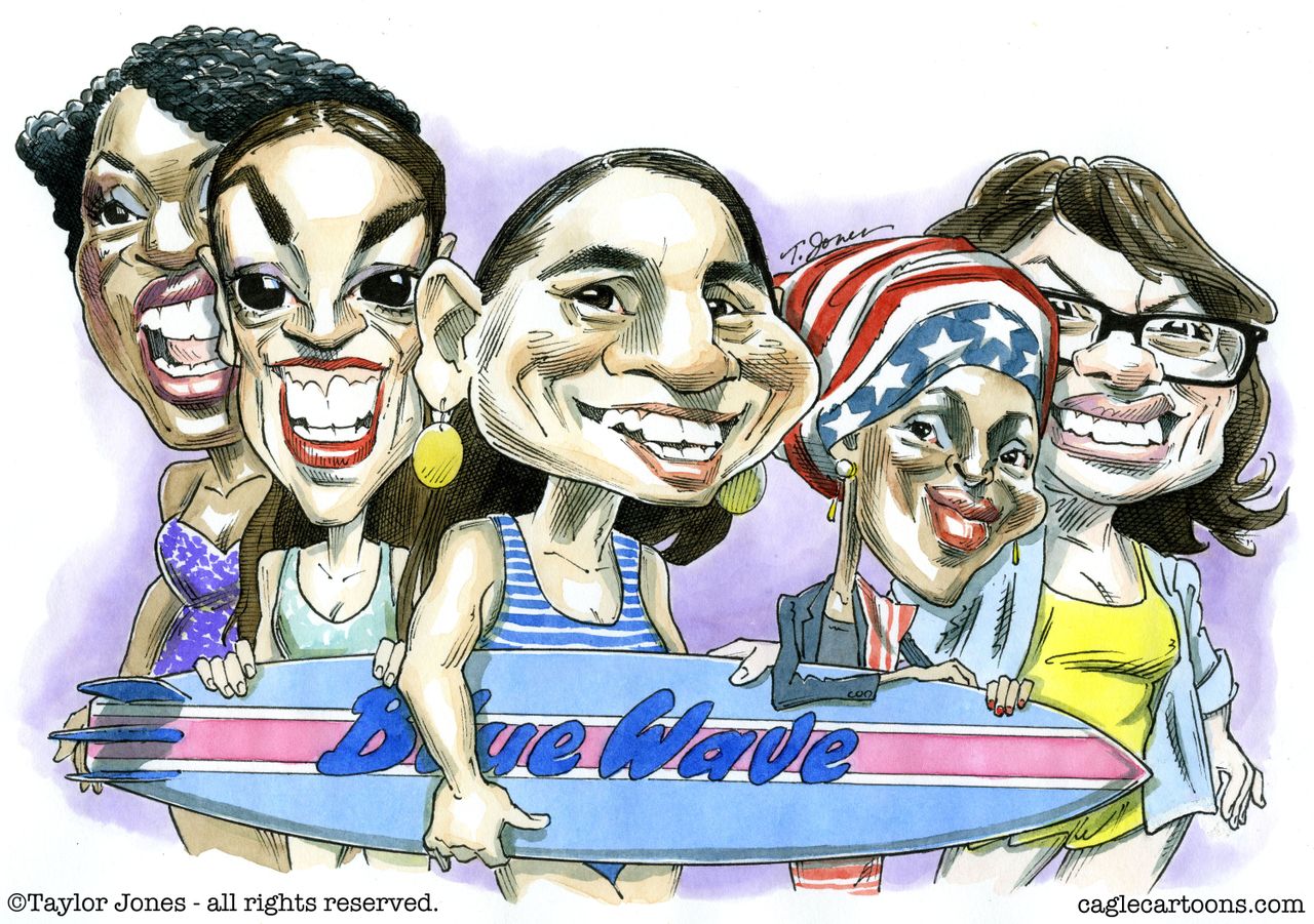 Political cartoon U.S. blue wave midterm elections Ayanna Pressley Ocasio-Cortez Sharice Davids Ilhan Omar Rashida Tlaib