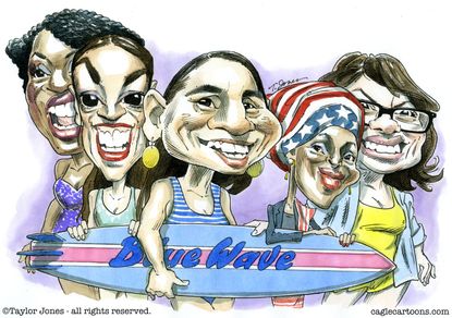 Political cartoon U.S. blue wave midterm elections Ayanna Pressley Ocasio-Cortez Sharice Davids Ilhan Omar Rashida Tlaib