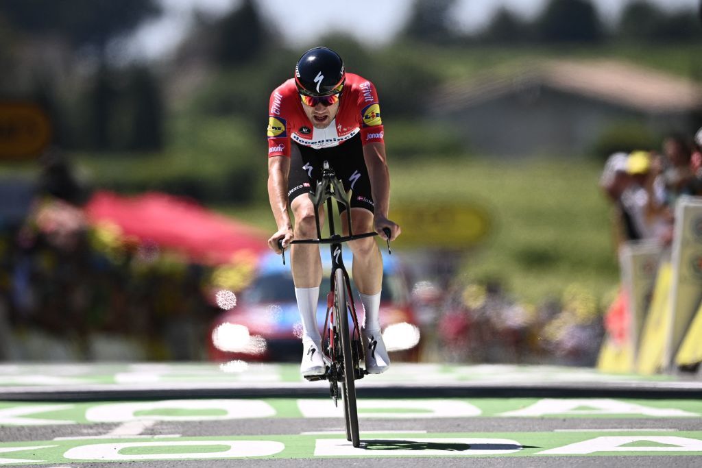 Team Deceuninck Quicksteps Kasper Asgreen of Denmark crosses the finish line during the 20th stage of the 108th edition of the Tour de France cycling race a 30 km time trial between Libourne and SaintEmilion on July 17 2021 Photo by AnneChristine POUJOULAT AFP Photo by ANNECHRISTINE POUJOULATAFP via Getty Images