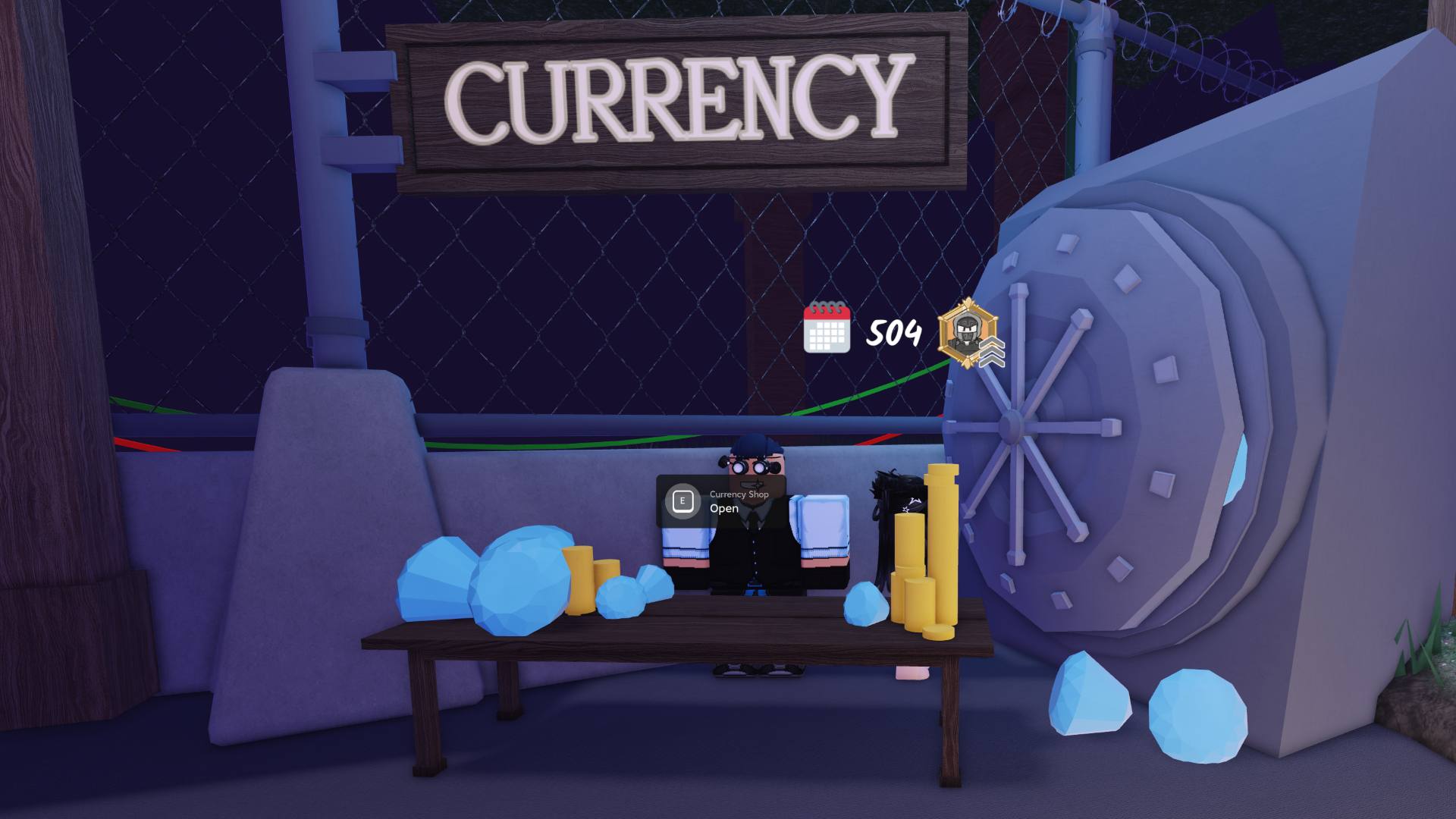 The currency shopkeeper NPC from 99 Nights in the Forest. They are standing behind a big desk with diamonds scattered around them. 