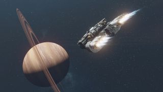 A ship flying toward a ringed planet in space