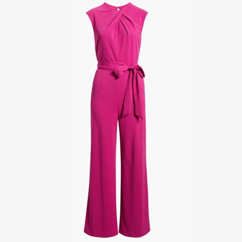magenta pink jumpsuit with high neck, belted waist and wide legs
