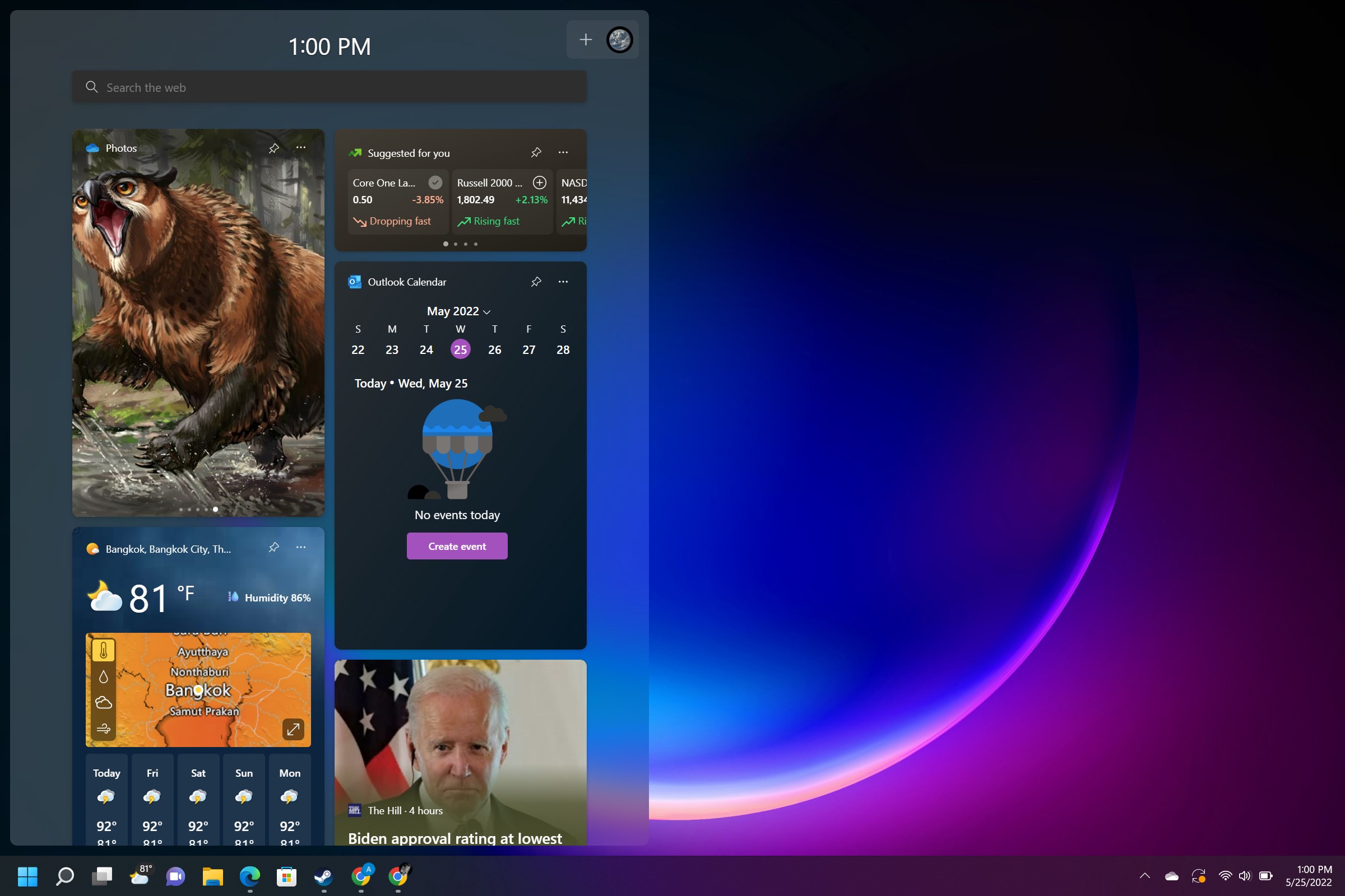 Windows 11 desktop showing widget menu open