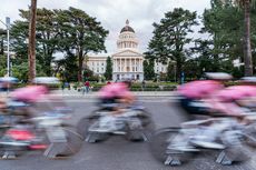 Cyclists rush by during the 2021 Lion's Den race