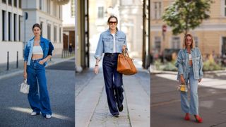 A composite of street style influencers showing how to style baggy jeans with denim
