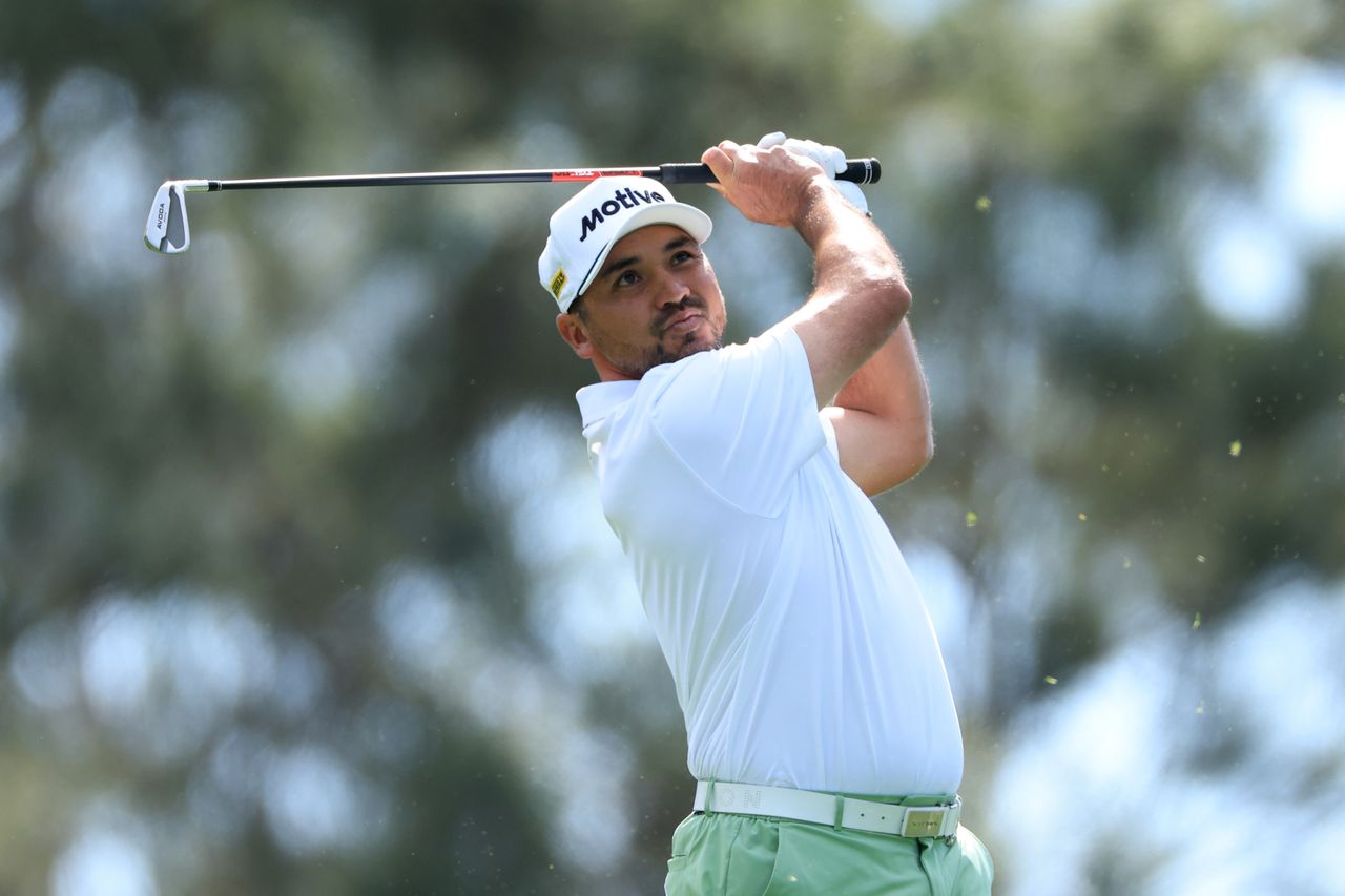 Jason Day tees off on the 4th hole during the first round of the 2026 Masters Tournament at Augusta National Golf Club