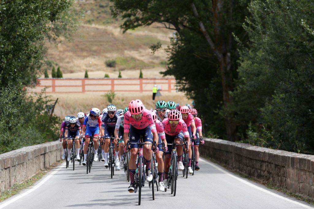 BRIVIESCA SPAIN AUGUST 04 Simon Carr of United Kingdom and Team EF Education Nippo leads The Peloton during the 43rd Vuelta a Burgos 2021 Stage 2 a 175km stage from Tardajos to Briviesca VueltaBurgos BurgosCycling CapitalMundialdelCiclismo on August 04 2021 in Briviesca Spain Photo by Gonzalo Arroyo MorenoGetty Images