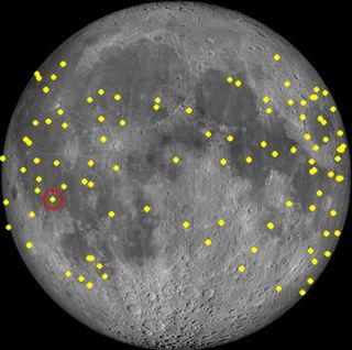A map showing detections of flashes caused by asteroids impacting the moon. The circled impact is the 100th detected by NELIOTA and the first observed by the Sharjah Lunar Impact Observatory, on March 1, 2020.