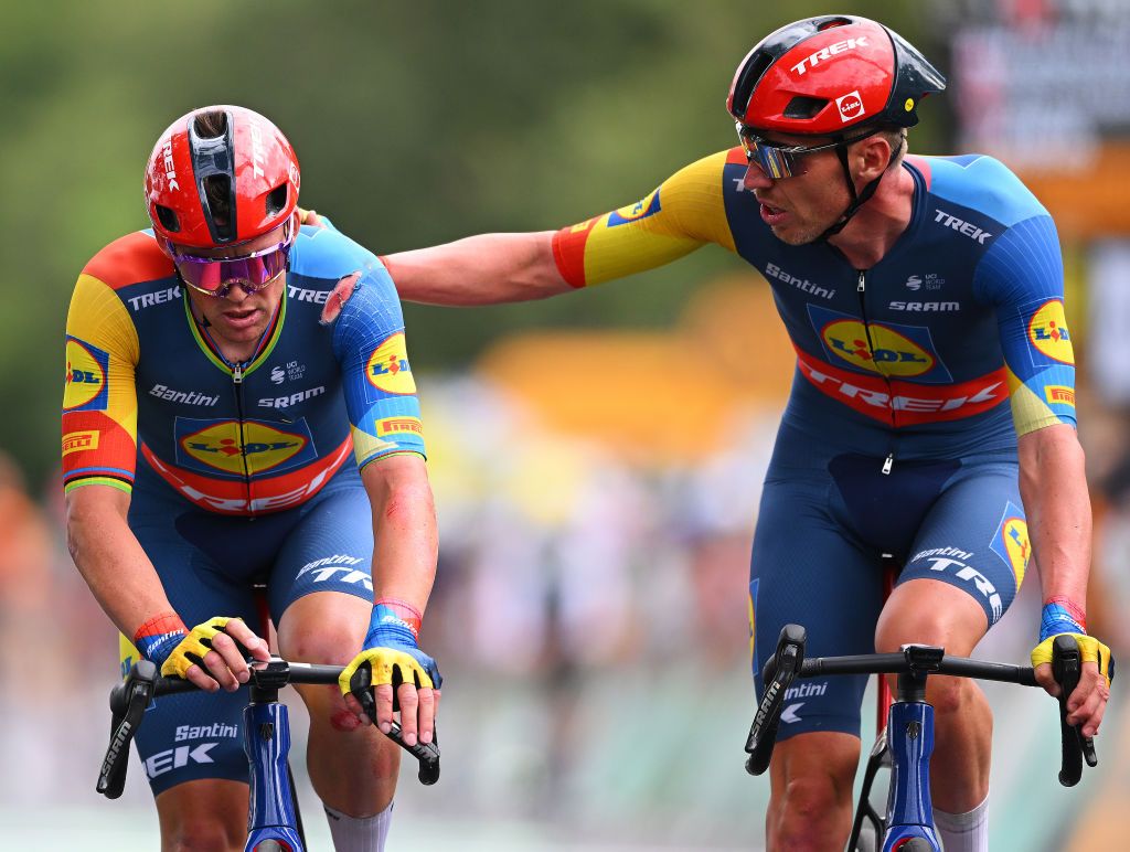 SAINT VULBAS FRANCE JULY 03 LR Mads Pedersen of Denmark after being involved in a crash and Tim Declercq of Belgium and Team Lidl Trek cross the finish line during the 111th Tour de France 2024 Stage 5 a 1774km stage from SaintJeandeMaurienne to Saint Vulbas UCIWT on July 03 2024 in Saint Vulbas France Photo by Dario BelingheriGetty Images