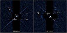 Two labeled images of the Pluto system, released on July 20, 2011, taken by the Hubble Space Telescope's Wide Field Camera 3 ultraviolet visible instrument with newly discovered fourth moon P4 circled. The image on the left was taken on June 28, 2011. The