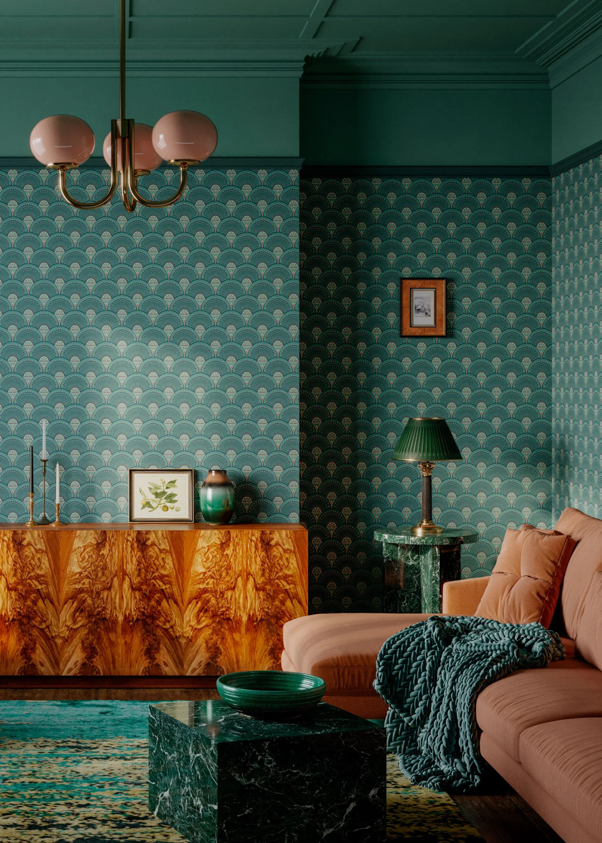 An art deco living room with patterned wallpaper, green marble side tables, a burl wood sideboard, and vintage-style lighting