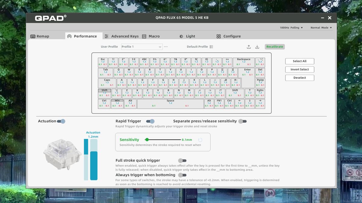 A screenshot of the software for the QPAD Flux 65 Model 5 keyboard.